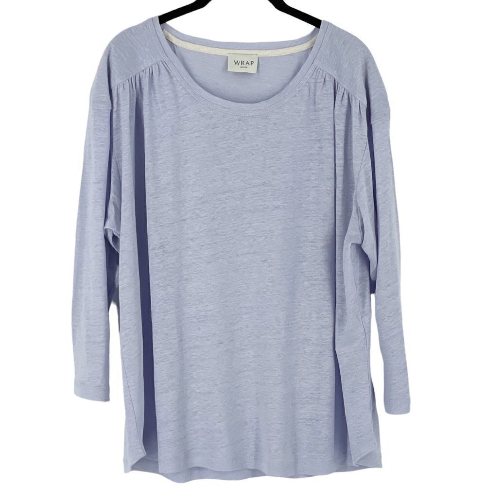 Wrap London 100% Linen Gathered Shoulder Three-Quarter Sleeve Lilac Tee Size 14 - Picture 3 of 8